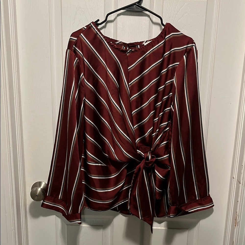 Striped Burgundy Blouse with Tie Front